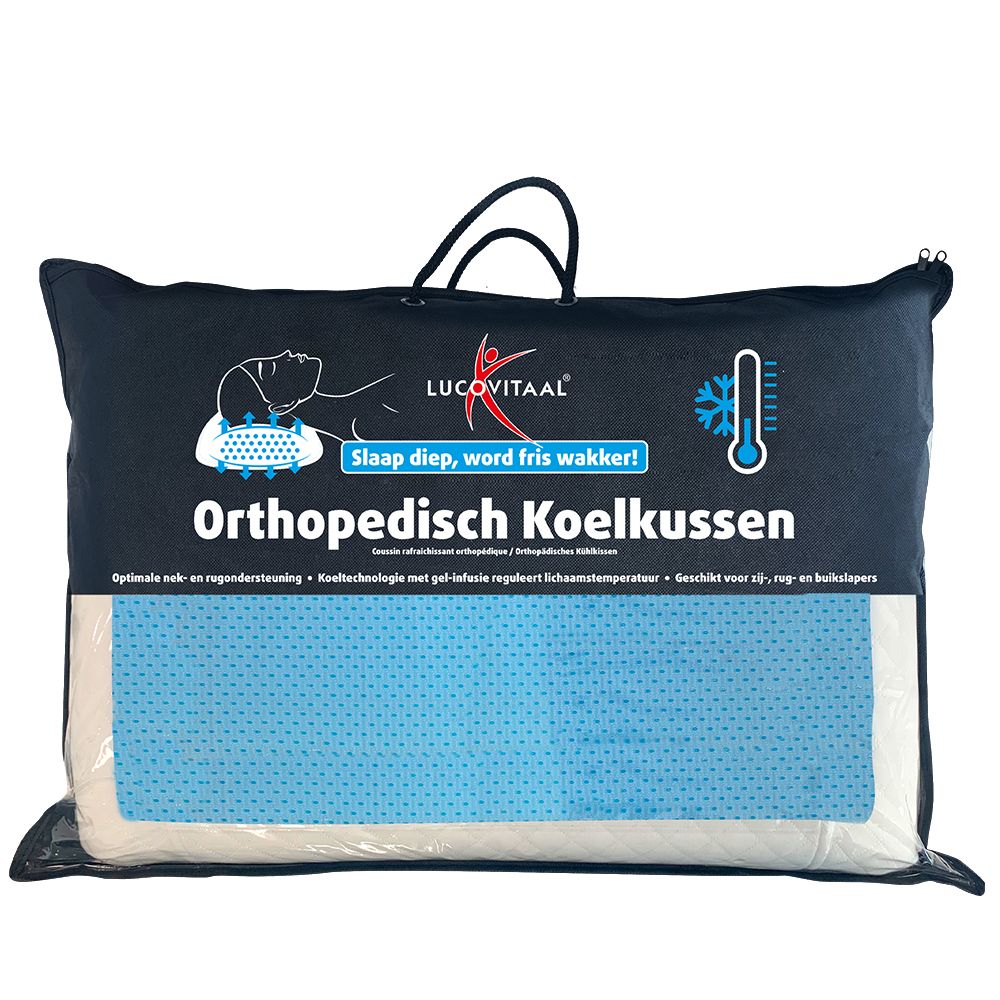Lucovitaal orthopedisch koelkussen pillow showing its ergonomic shape and soft fabric cover, designed for head and neck support.