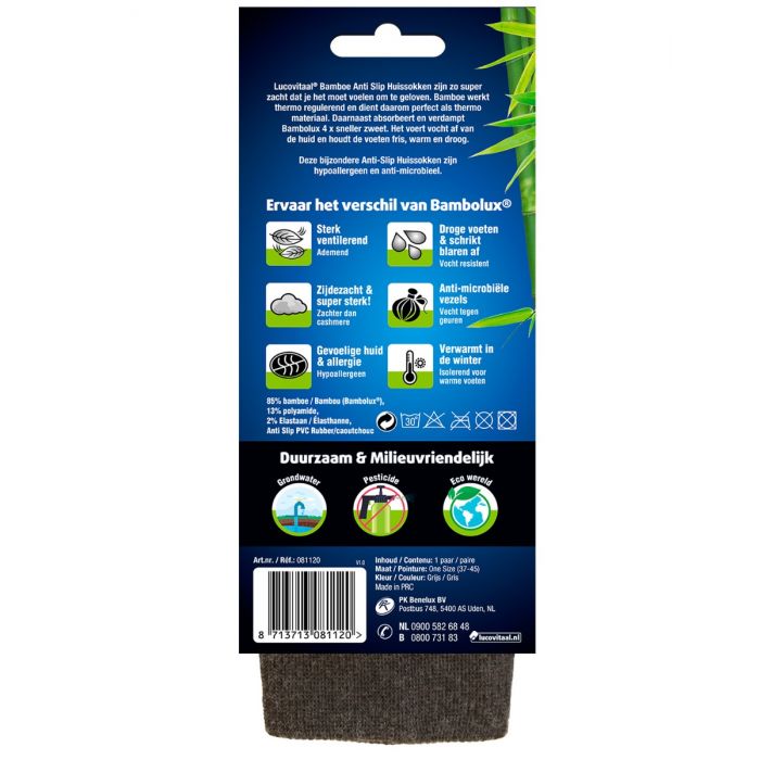 Lucovitaal bamboo slipper socks with anti-slip soles, one size, shown in a close-up image of the cozy, soft fabric.