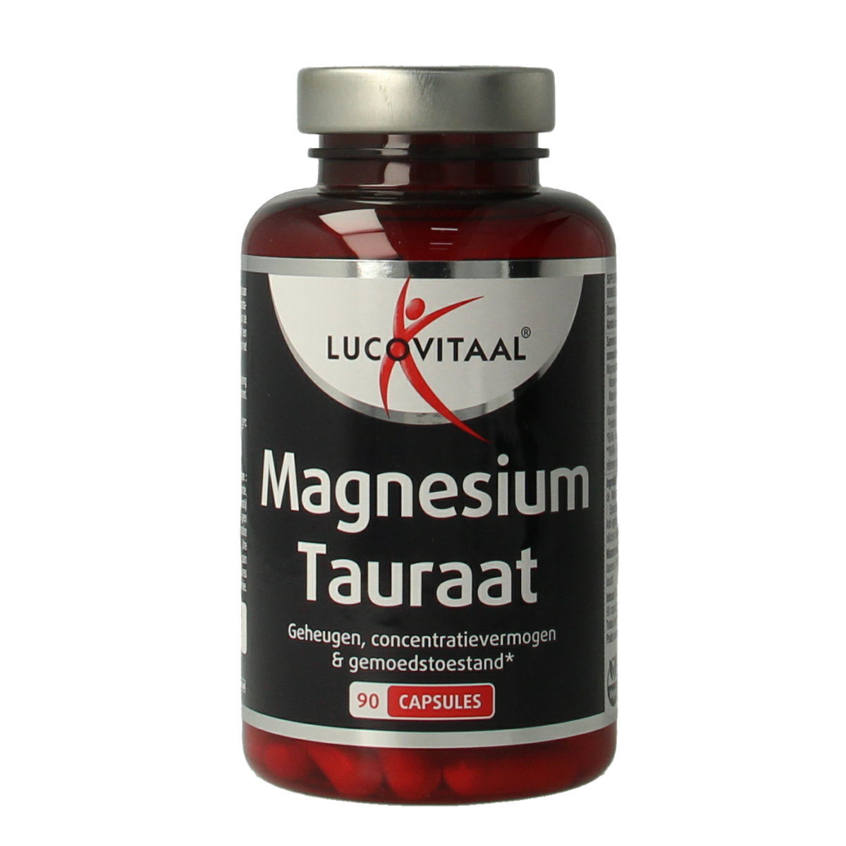 Lucovitaal Magnesium tauraat supplement capsules in a bottle, showing the mineral supplement for muscle and nerve support.