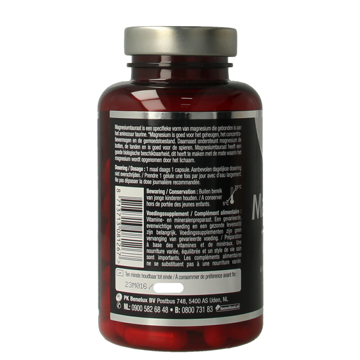 Lucovitaal Magnesium tauraat capsules in a bottle, dietary mineral supplement for muscle and nerve support.