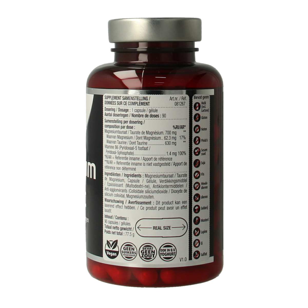 Lucovitaal Magnesium tauraat capsules, mineral supplement in a bottle, showing 90 capsules on the label.