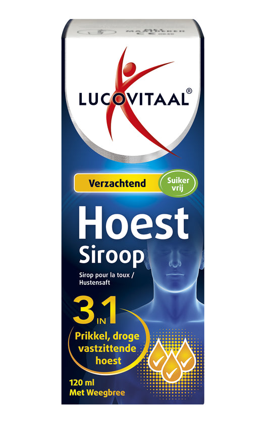 Lucovitaal Hoestsiroop 3 in 1 bottle, 120ml, for cough relief, with a dropper cap and label showing product details.