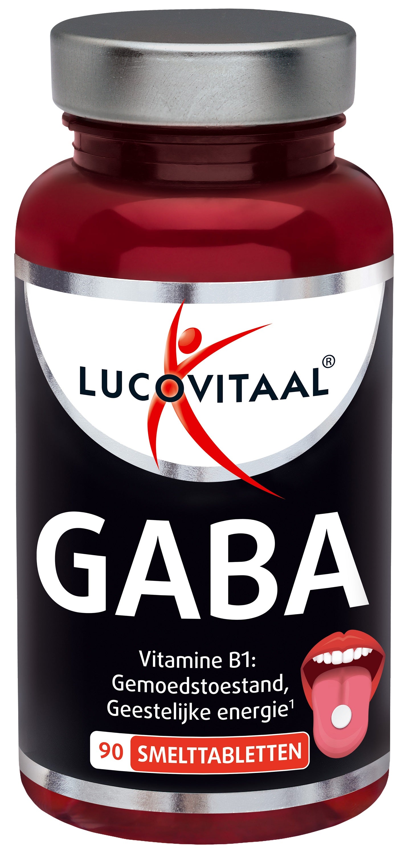 Lucovitaal Gaba smelt tabletten, 90 amino acid supplement tablets, shown in blister pack with white and green packaging.