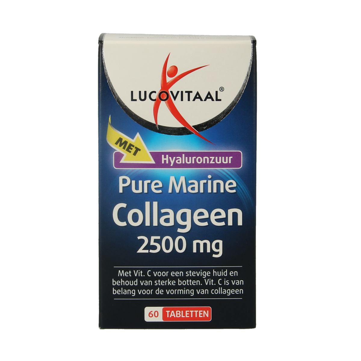 Lucovitaal Collageen Pure Marine tablets in a bottle, showing the supplement's label and 60 tablets inside.