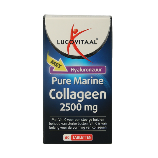 Lucovitaal Collageen Pure Marine tablets in a bottle, showing the supplement's label and 60 tablets inside.