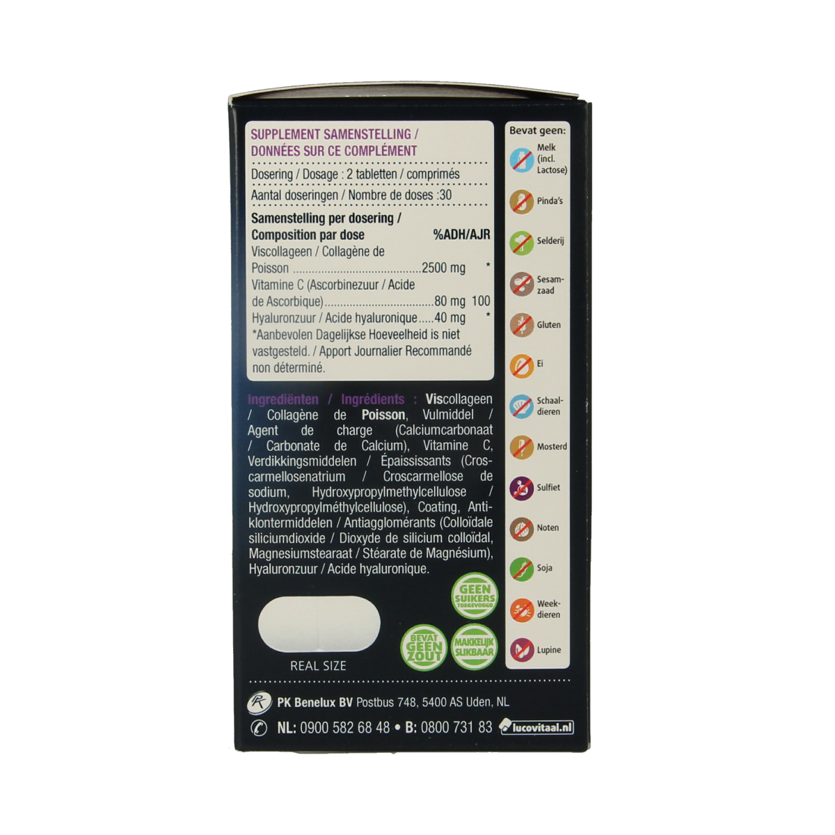 Marine collagen tablets from Lucovitaal, showing a bottle of 60 pure collagen supplement tablets in a clear container.