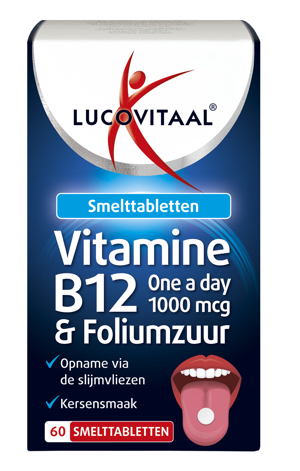 Lucovitaal B12 & foliumzuur multivitamine smelttabletten, 60 stuk, close-up of the colorful dissolvable tablets in a container