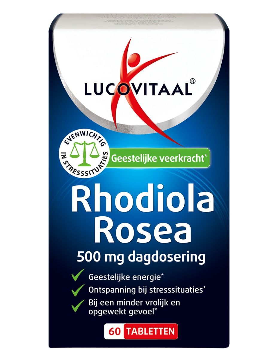 Lucovitaal Rhodiola Rosea kruidenpreparaten in een pot met 60 tabletten, groene en witte verpakking, close-up van de tablet container.