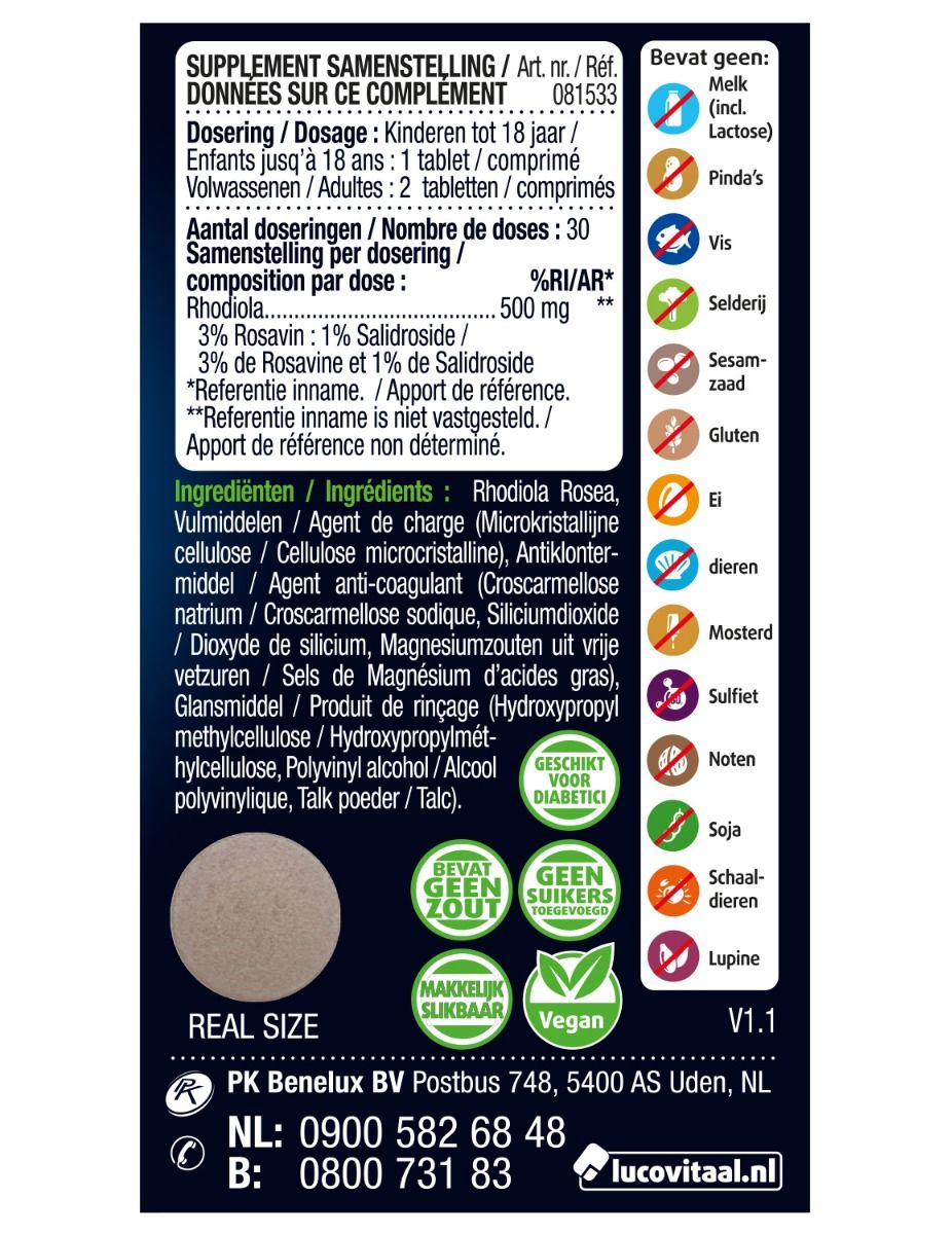 Lucovitaal Rhodiola rosea kruidenpreparaten, 60 tabletten, supplement with herbal extract in a blister pack