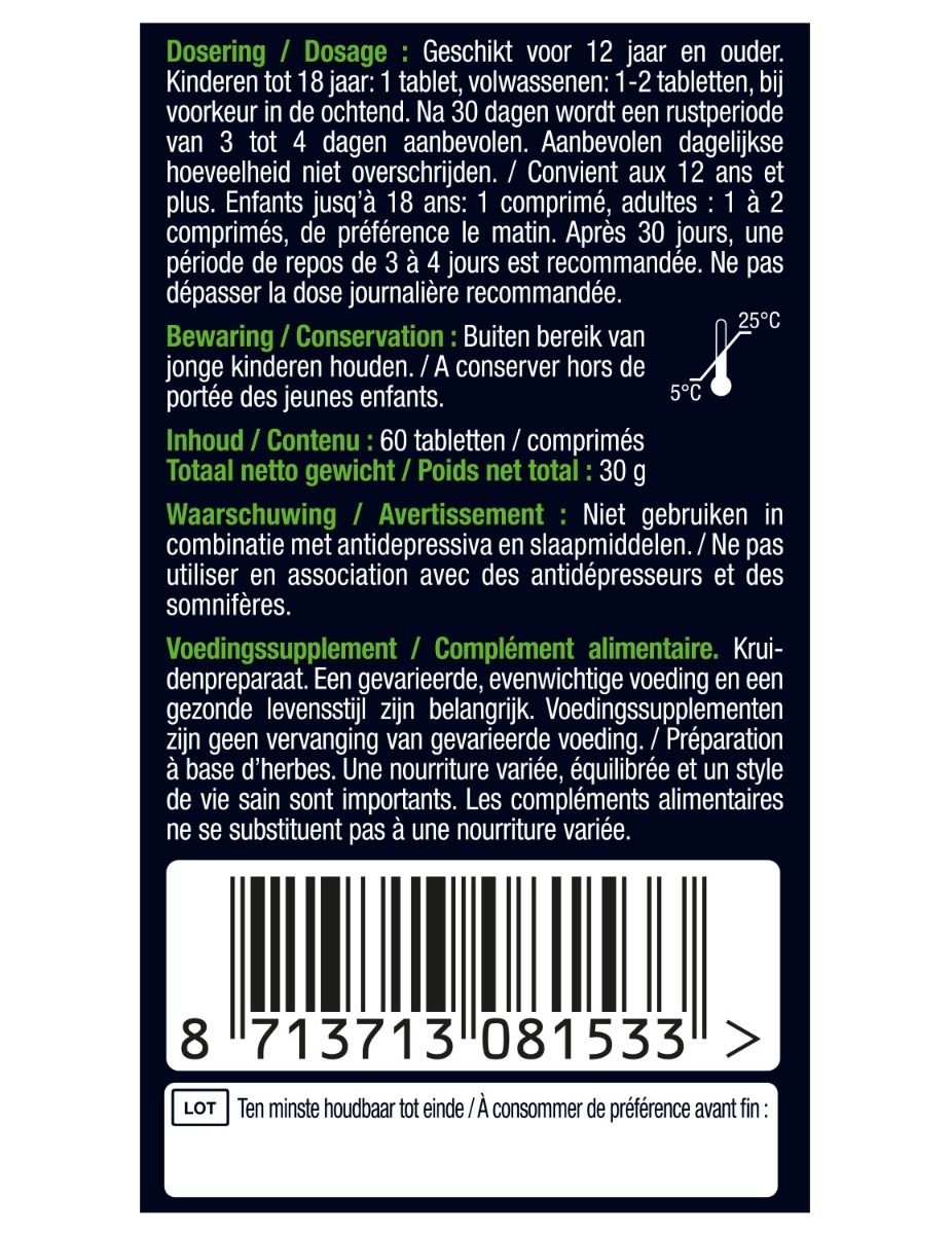 Lucovitaal Rhodiola Rosea kruidenpreparaten, 60 tabletten, supplement with herbal extract for energy and stress support.