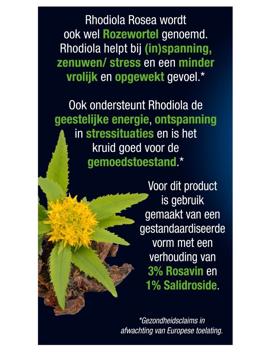 Lucovitaal Rhodiola Rosea kruidenpreparaten, 60 tabletten, close-up of the supplement bottles and tablets.