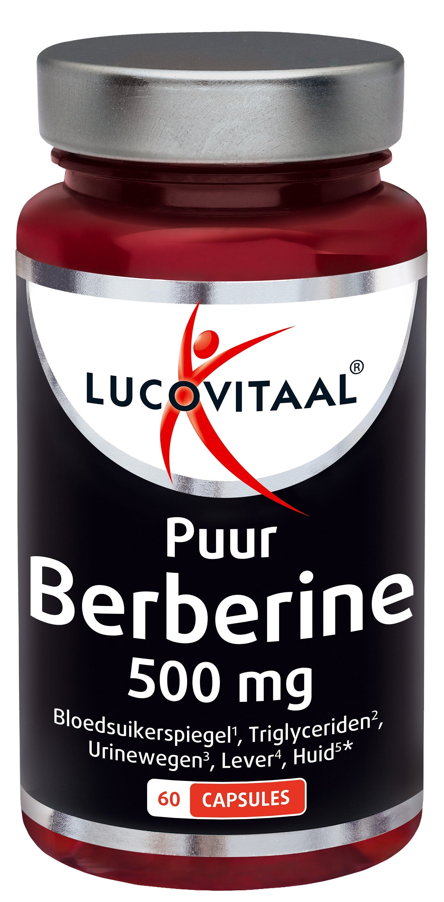 Lucovitaal Berberine 500mg capsules, herbal supplement in a white bottle with a label showing capsules and product details.