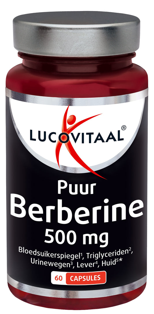 Lucovitaal Berberine 500mg capsules, herbal supplement in a white bottle with a label showing capsules and product details.