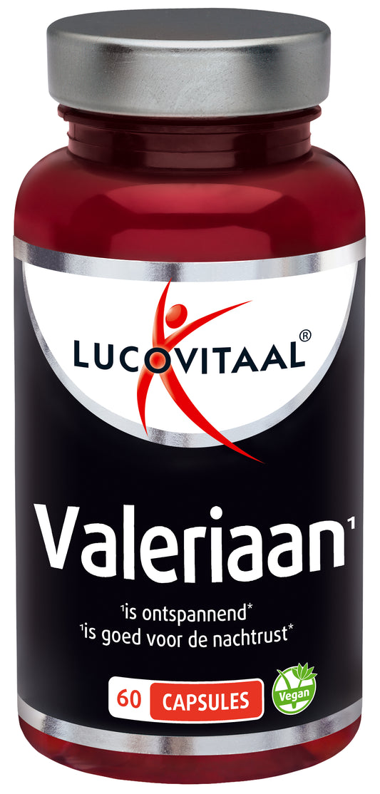 Lucovitaal Valeriaan 200mg herbal capsules, 60-count, natural supplement for relaxation and sleep support.