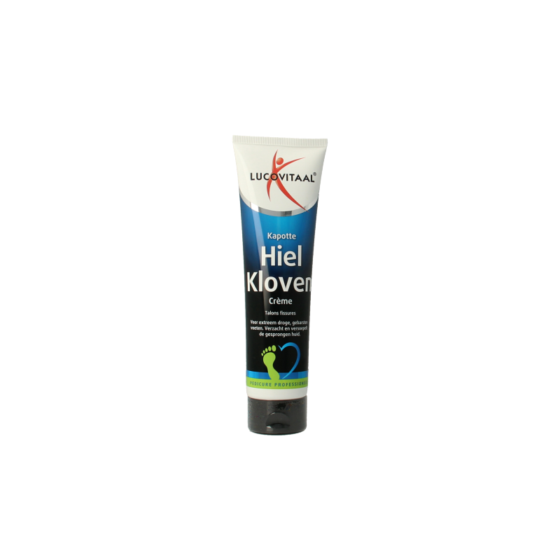 Lucovitaal Hielkloven crème in 75ml tube, foot care product for cracked heels and dry skin, with a focus on heel skin treatment.