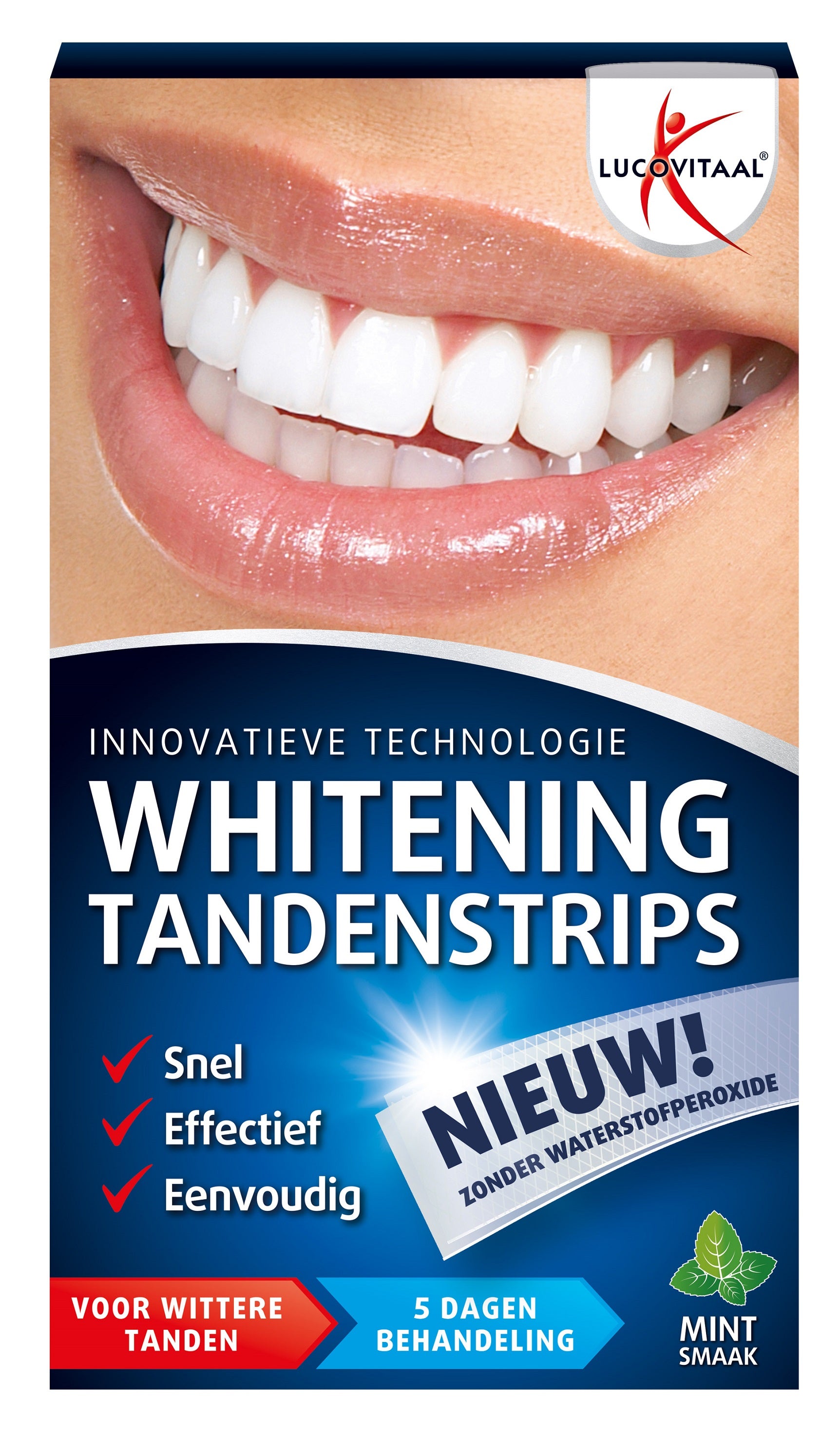 Lucovitaal Whitening tandenstrips mint set for teeth whitening, shown in the image with mint flavor packaging.