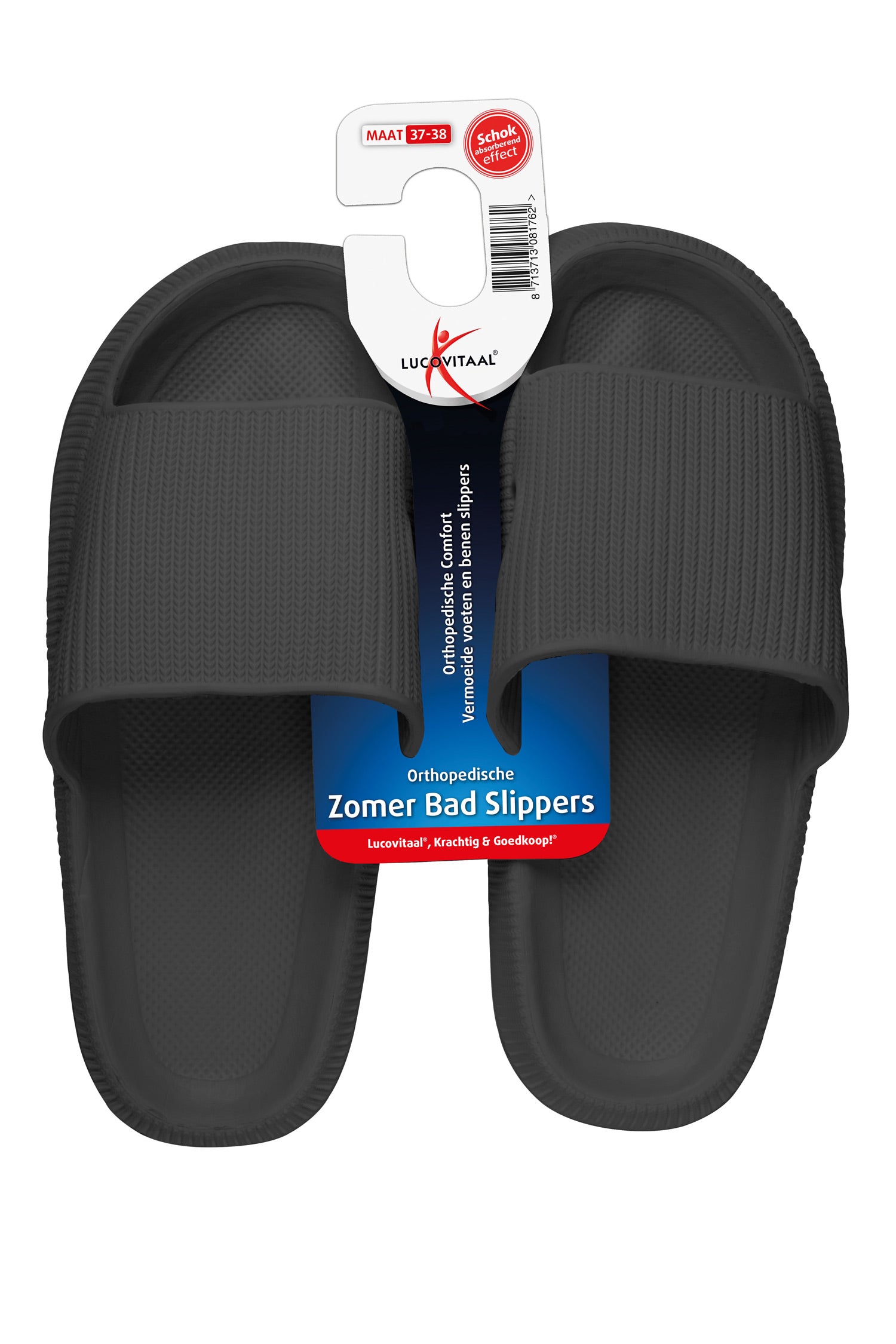 Black Lucovitaal orthopedic slippers in size 37-38, showing a comfortable pair of slip-on shoes for supportive foot care.