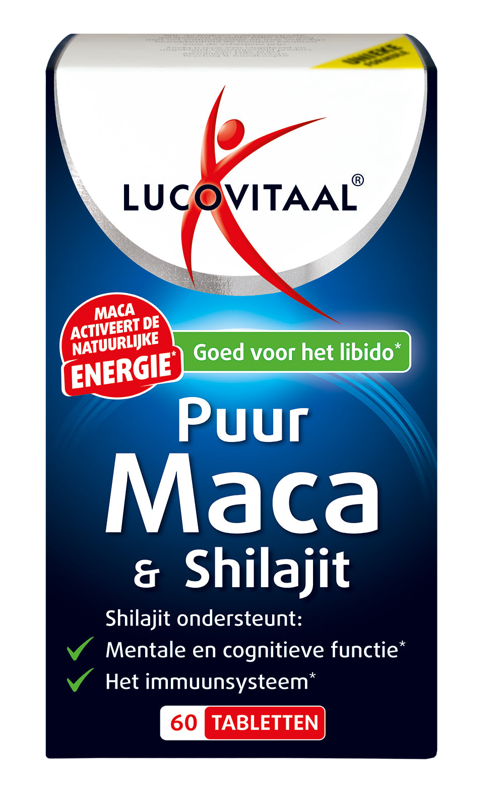 Lucovitaal Maca en shilajit puur herbal supplement, 60 tablets, showing the bottle with tablets inside.
