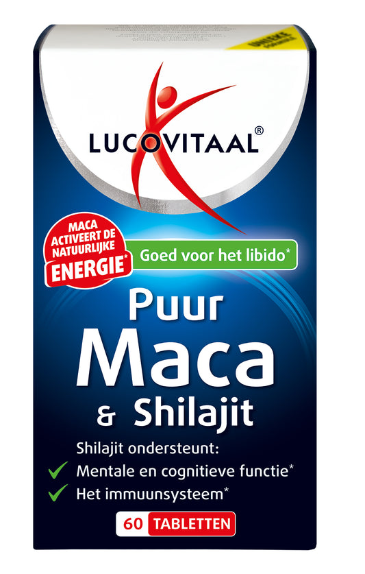 Lucovitaal Maca en shilajit puur herbal supplement, 60 tablets, showing the bottle with tablets inside.