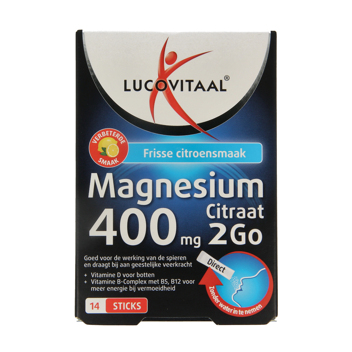 Lucovitaal Magnesium Citrraat 400mg 2go sticks, 14-pack, mineral supplement with convenient portable sticks for daily magnesium intake.