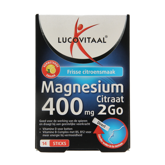 Lucovitaal Magnesium Citrraat 400mg 2go sticks, 14-pack, mineral supplement with convenient portable sticks for daily magnesium intake.