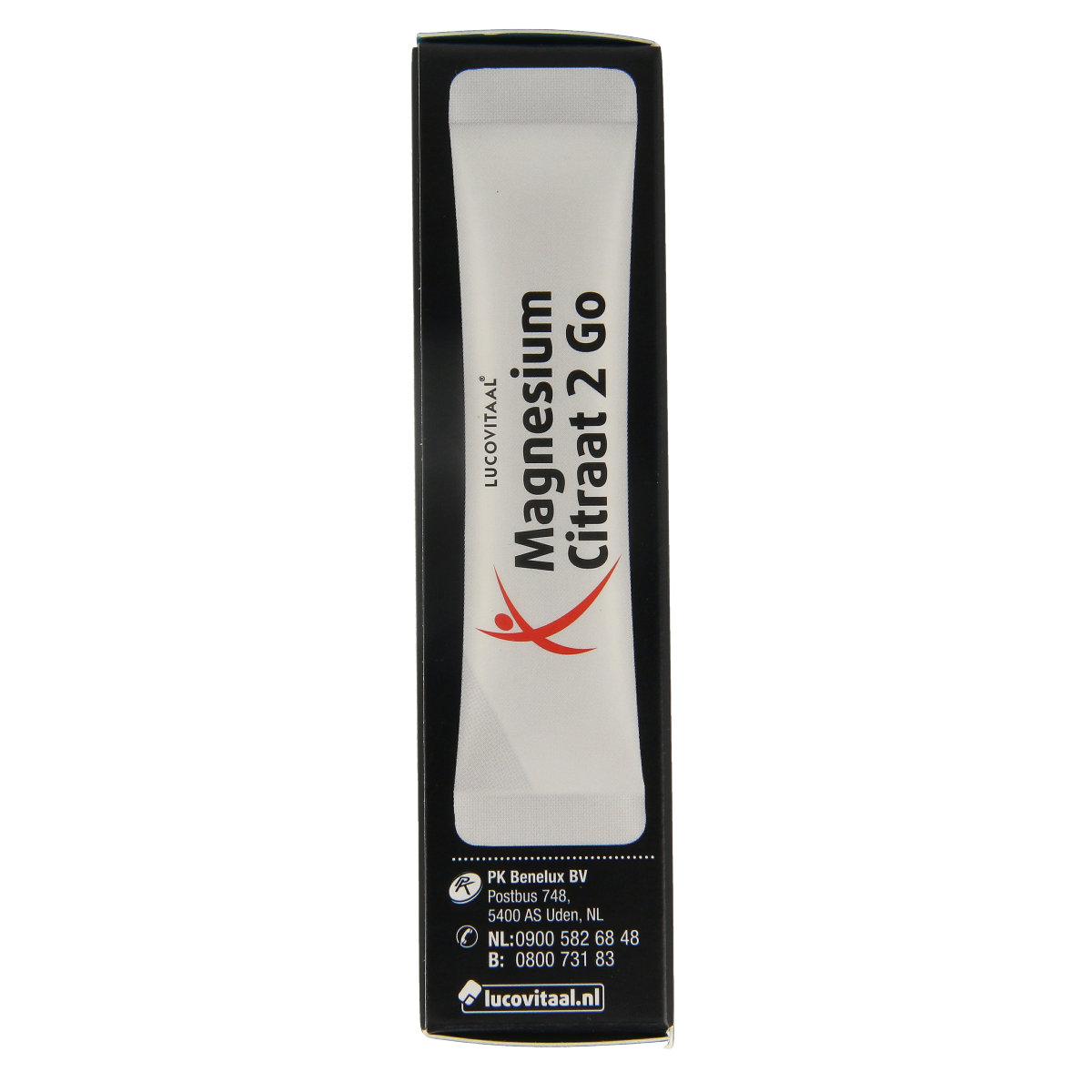 Lucovitaal Magnesium Citraat 400mg 2go sticks, mineral supplement, 14-pack, showing the individual sticks and packaging.