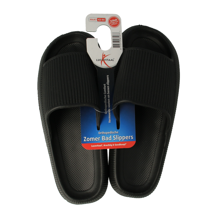 Lucovitaal orthopedic black slippers size 43-44, pair, featuring comfortable design for support and everyday wear.