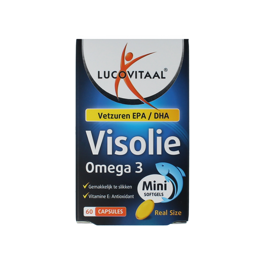 Lucovitaal Visolie Omega 3 mini softgels, dietary omega-3 fatty acids supplement in small gel capsules.