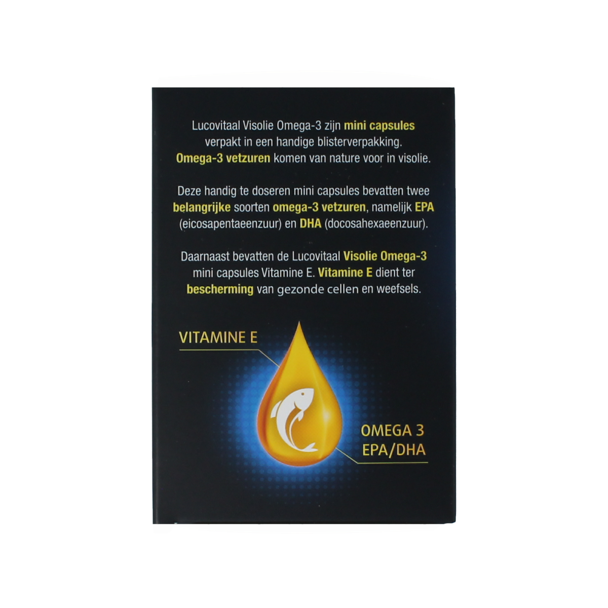 Lucovitaal Visolie omega 3 mini softgels, omega-3 fatty acids supplement in small softgel capsules.