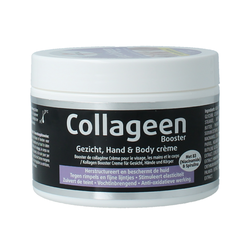 Lucovitaal Collageen hand and body cream in a 250ml jar, moisturizing skincare product for hands and body.