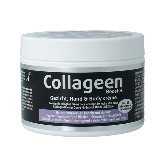 Lucovitaal Collageen hand and body cream in a 250ml jar, moisturizing skincare product for hands and body.
