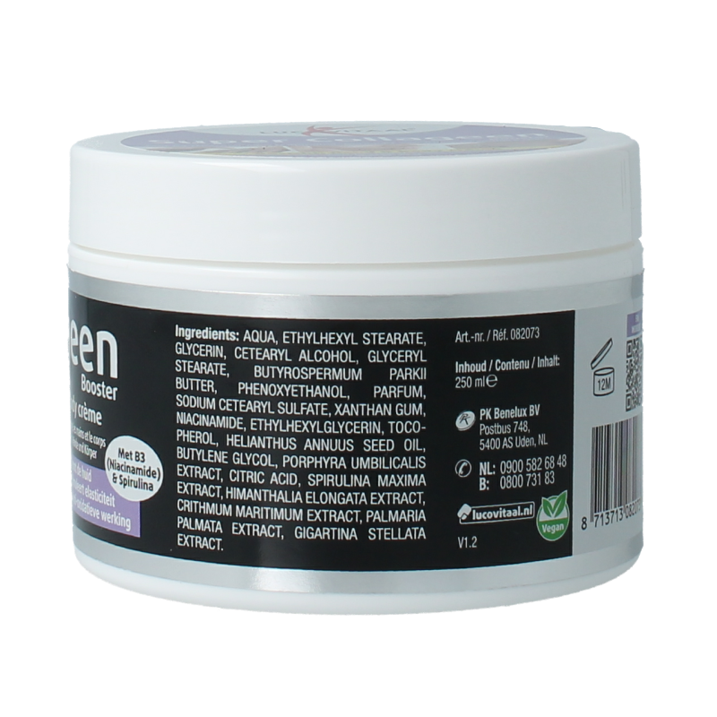 Lucovitaal Collageen hand and body cream in 250ml jar, moisturizing skincare product for hands and body.
