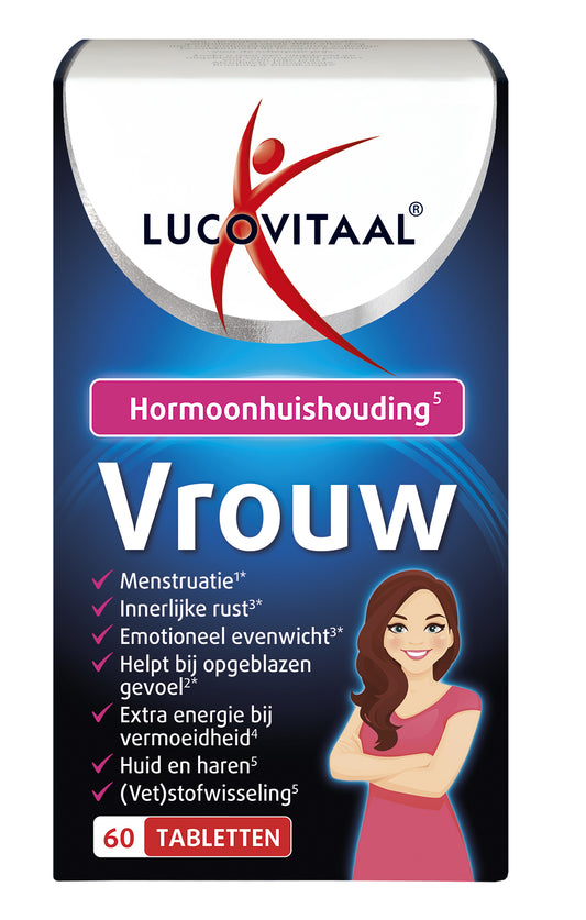 Lucovitaal Hormoonhuishouding vrouw herbal supplement bottle with 60 tablets, natural herbal preparation for women's hormone balance