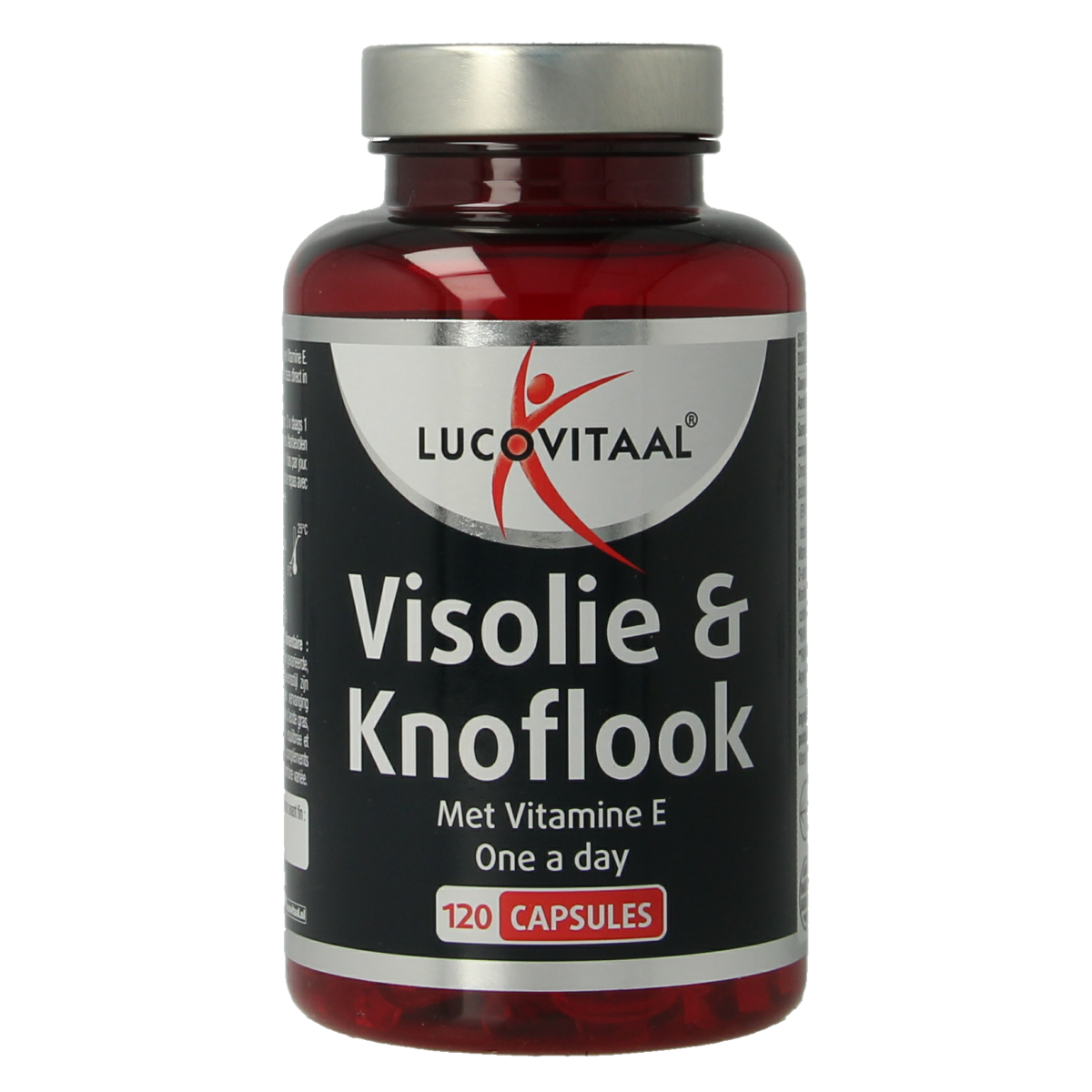 Lucovitaal Visolie & knoflook capsules, omega fatty acids and garlic supplement in a bottle, close-up of the product packaging.
