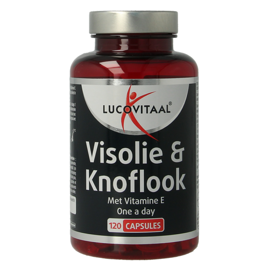 Lucovitaal Visolie & knoflook capsules, omega fatty acids and garlic supplement in a bottle, close-up of the product packaging.