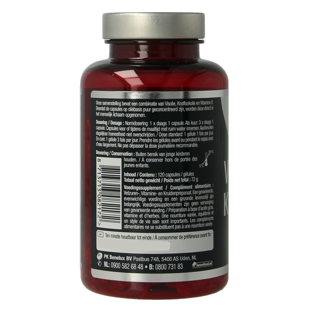 Lucovitaal visolie en knoflook capsules, 120 stuks, zachte gelcapsule vorm, supplement voor vetzuren en knoflook voordelen.