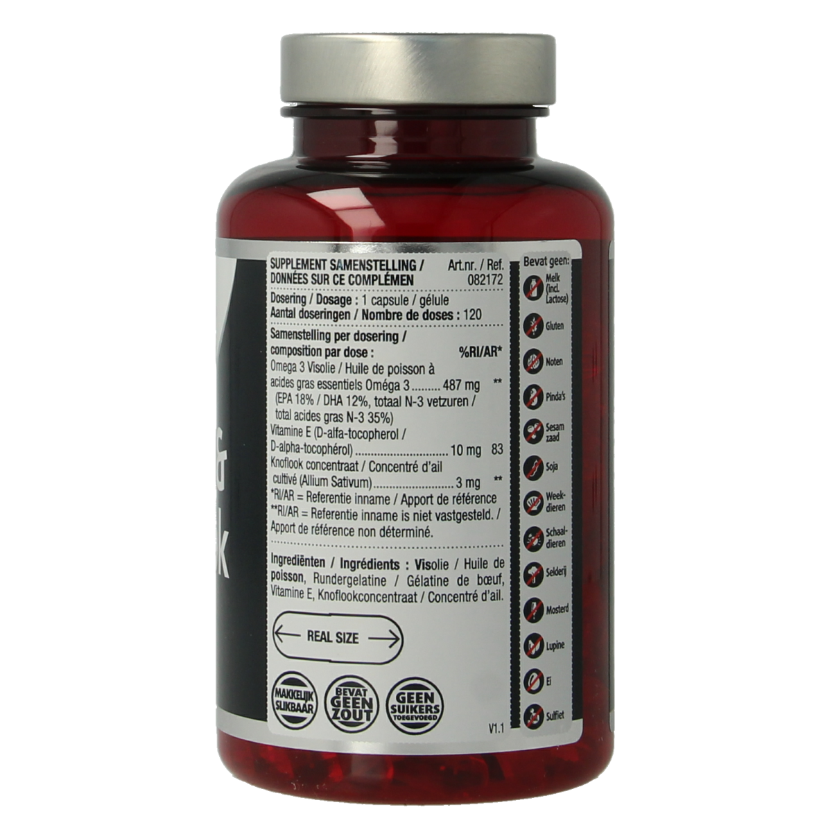 Lucovitaal Visolie en knoflook capsules, 120 softgel capsules, showing the supplement bottle with label and capsules inside.