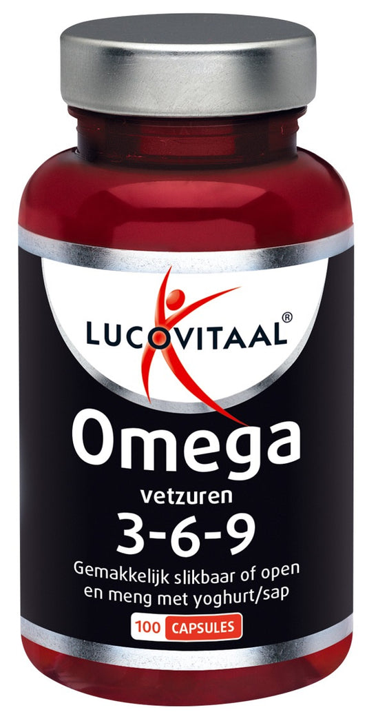 Lucovitaal Omega 3 6 9 vetzuren capsules, dietary supplement with softgel capsules, displayed in the image.
