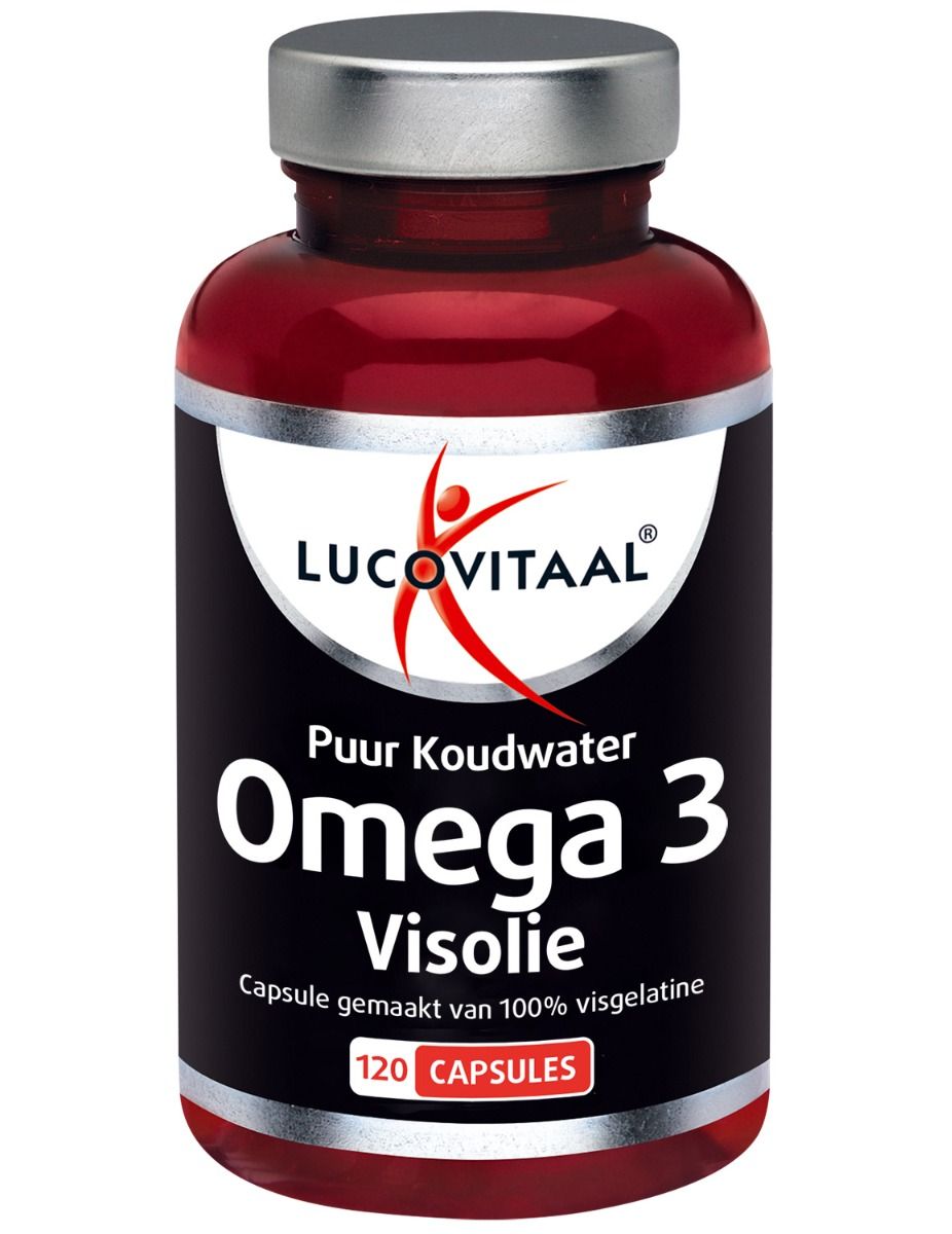 Lucovitaal Omega 3 visolie puur koudwater capsules, softgel form, containing omega-3 fatty acids for heart health.