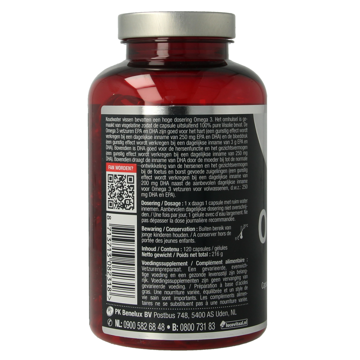 Lucovitaal Omega 3 visolie puur koudwater capsules, dietary supplement with omega-3 fatty acids in a bottle of 120 capsules.