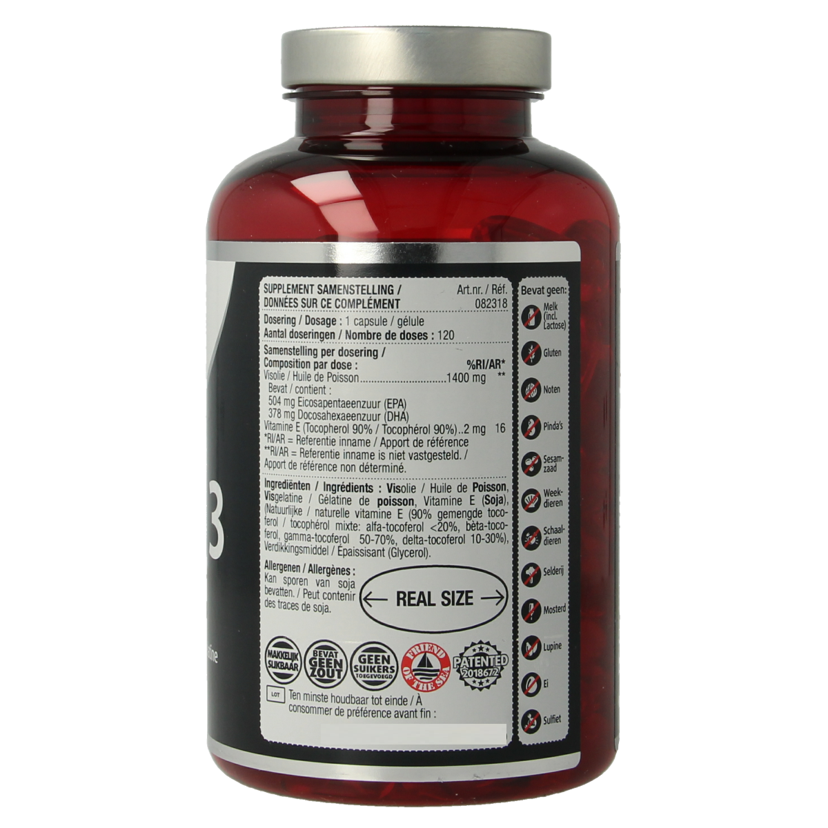 Bottle of Lucovitaal Omega 3 fish oil capsules with 120 capsules, showing the label and clear plastic container.