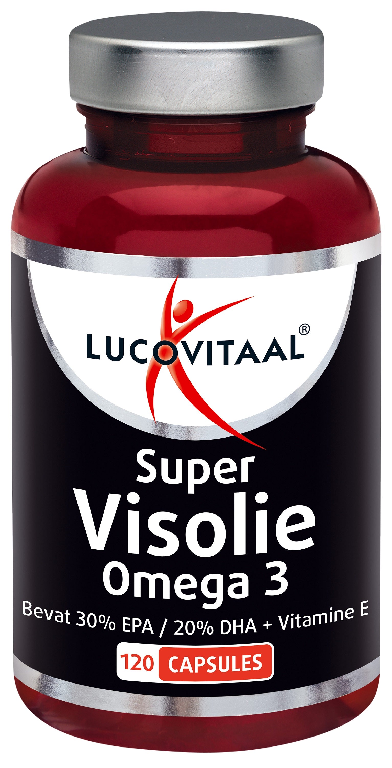 Lucovitaal Visolie Super Omega 3 capsules, dietary vetzuren supplement, close-up of the fish oil capsules in a bottle.