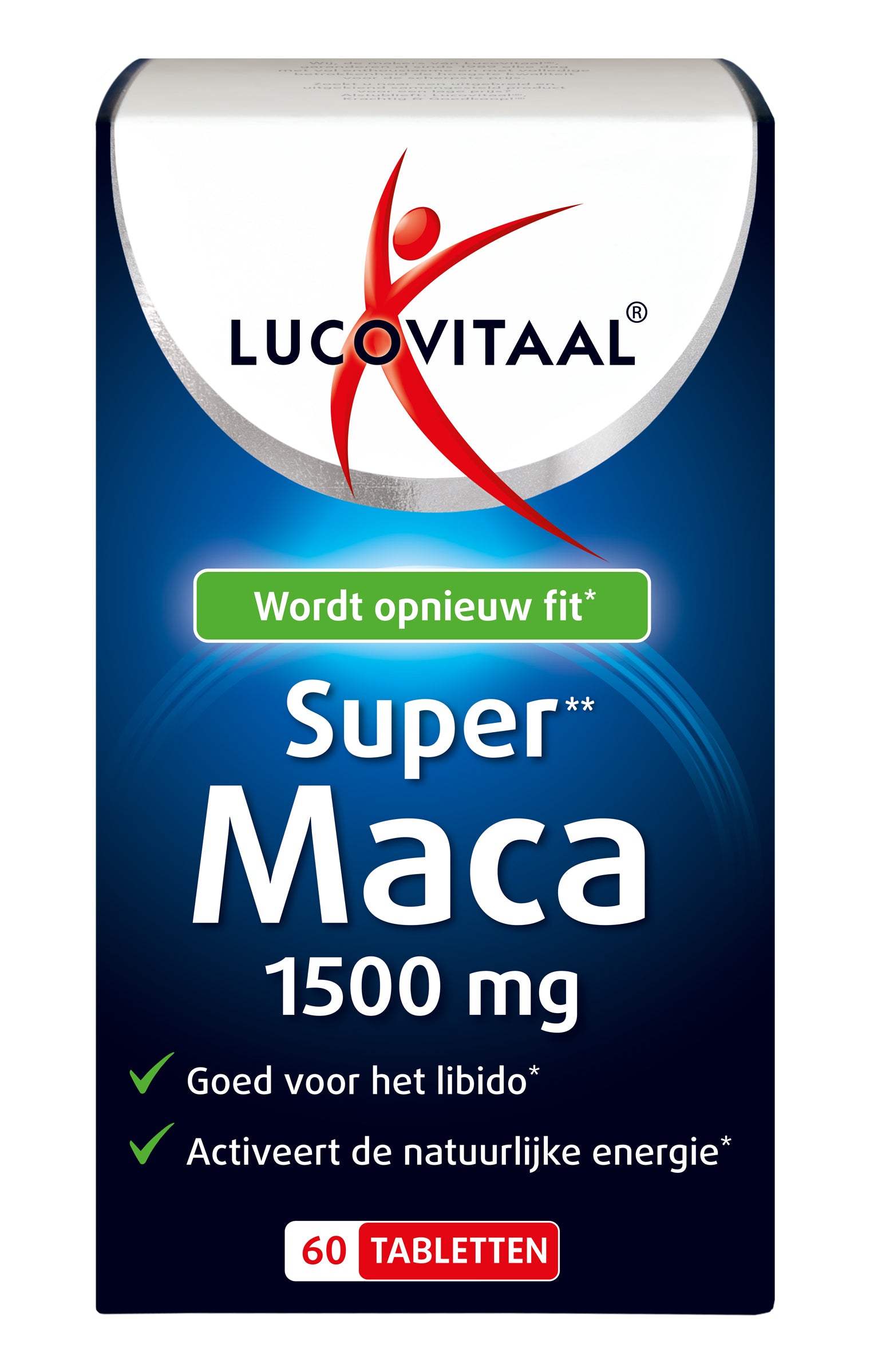 Lucovitaal Maca Super 1500mg herbal supplement tablets, showing a bottle of 60 tablets with label and cap.
