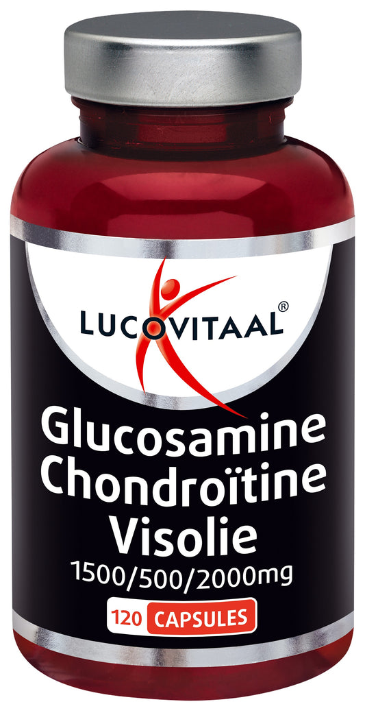 Lucovitaal Glucosamine Chondroitine Vetzuren supplement capsules, 120 count, with visible capsule bottle and label.
