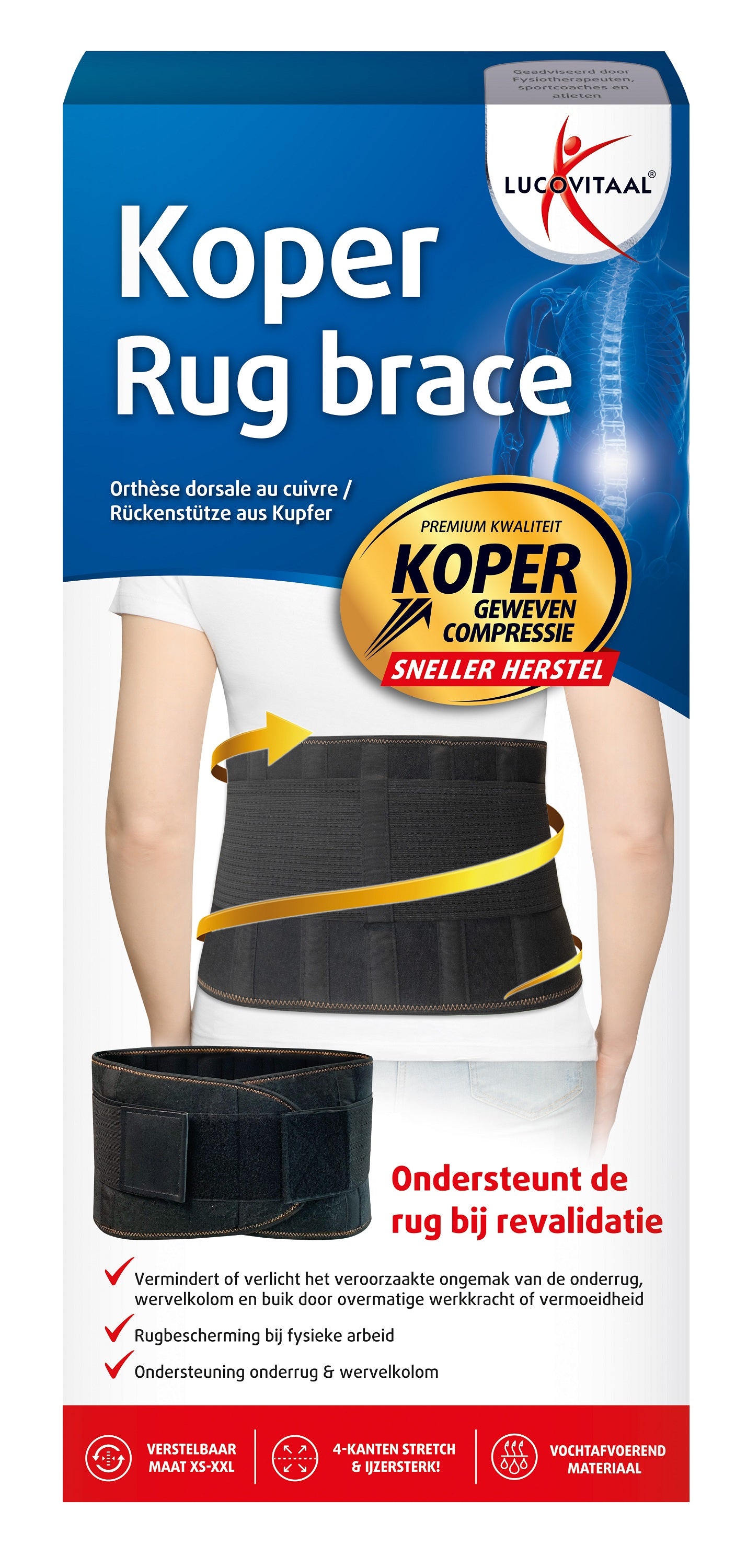Lucovitaal rug brace koper, a supportive orthopedic brace for lower back pain relief, shown in a close-up image.