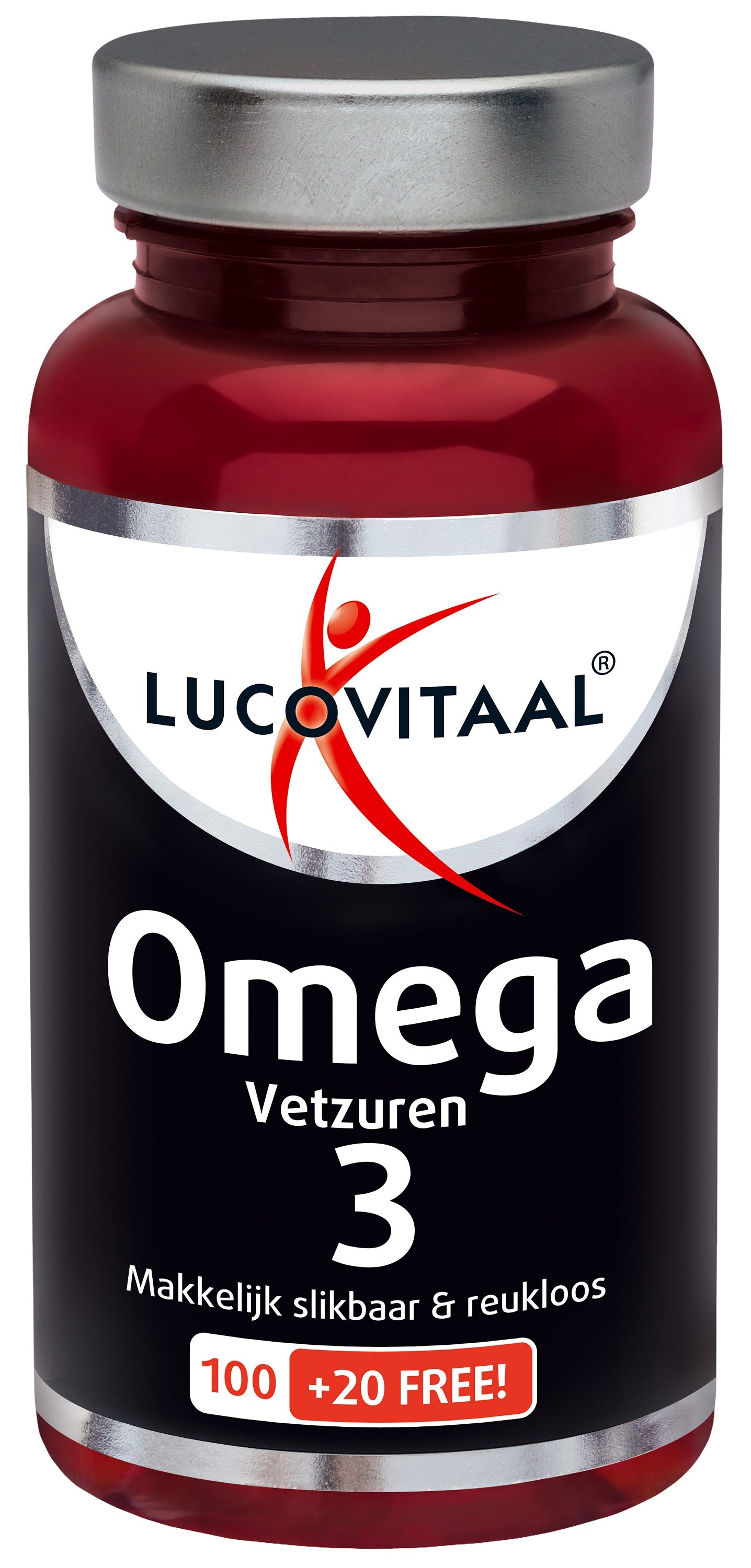 Lucovitaal Omega 3 vetzuren capsules, softgel form, arranged in a bottle with a white label and blue accents.