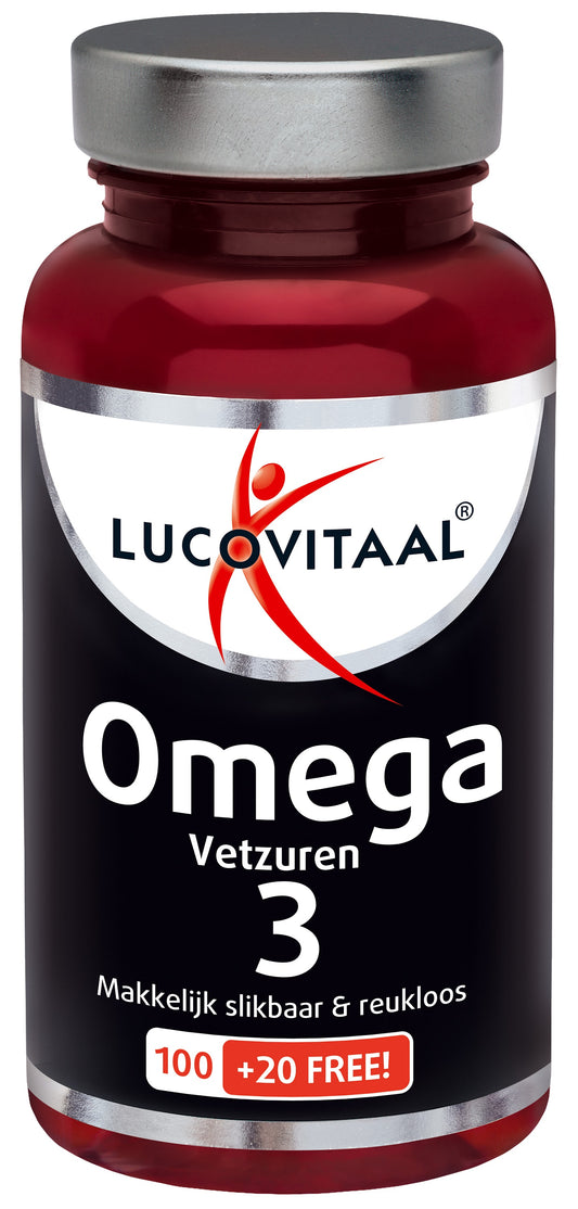 Lucovitaal Omega 3 vetzuren capsules, softgel form, arranged in a bottle with a white label and blue accents.