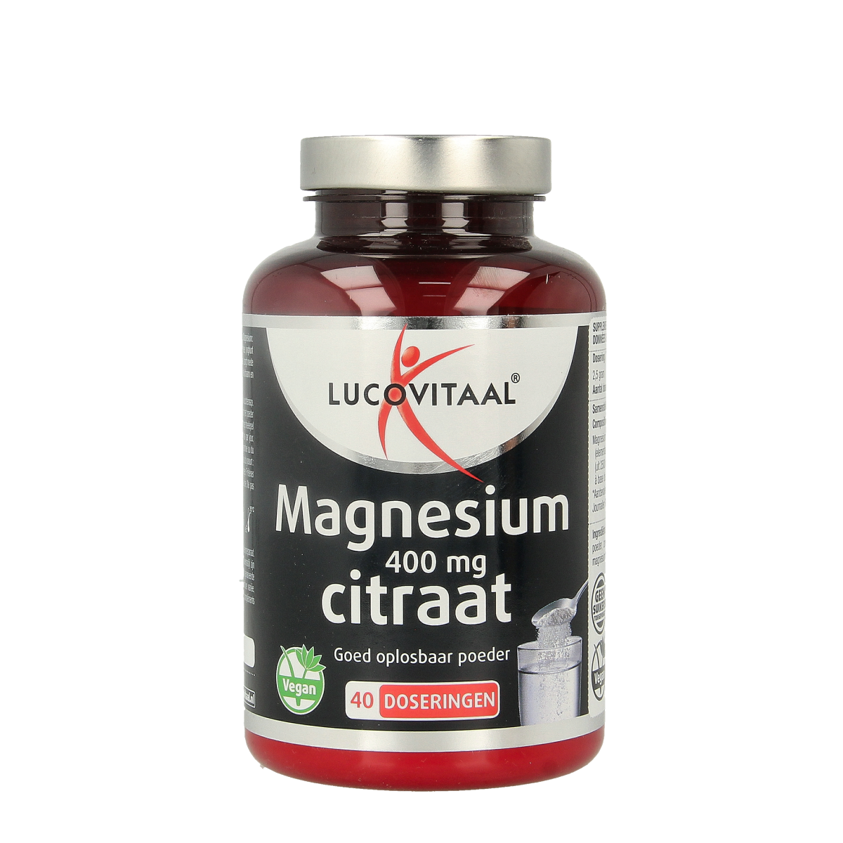 Lucovitaal Magnesium Citraat powder in a 100g container, showing the mineral supplement packaging and contents.
