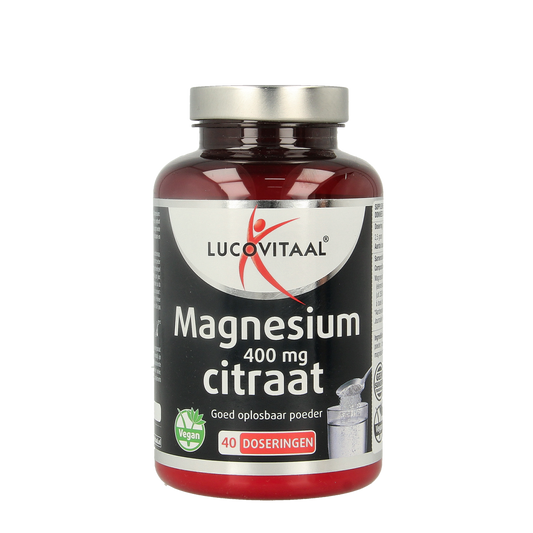 Lucovitaal Magnesium Citraat powder in a 100g container, showing the mineral supplement packaging and contents.