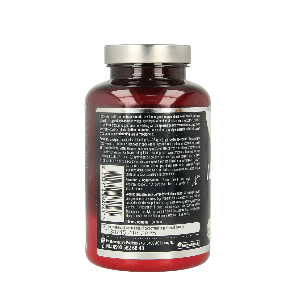 Lucovitaal Magnesium Citraat powder in 100g container, showing the mineral supplement packaging and product label.